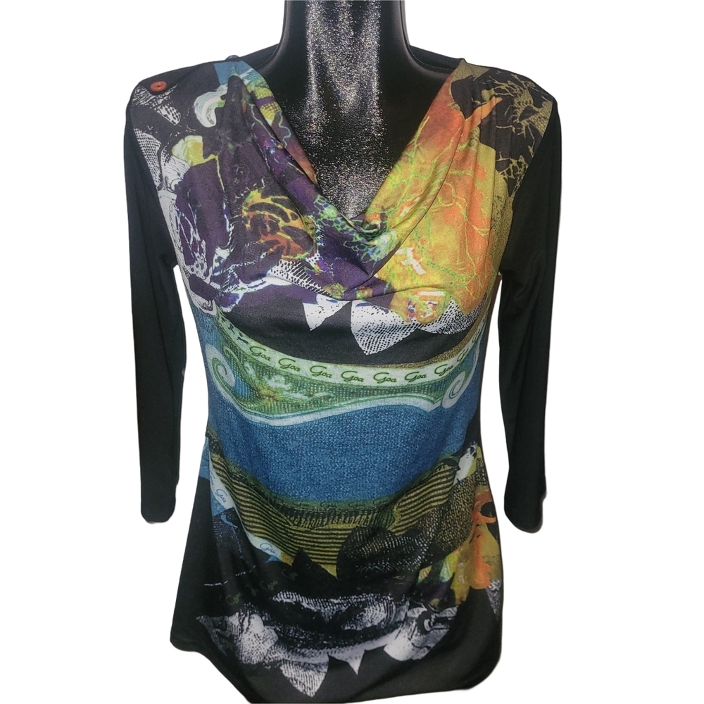 Goa Multicolor Abstract Draped Neckline Women's Top Size S